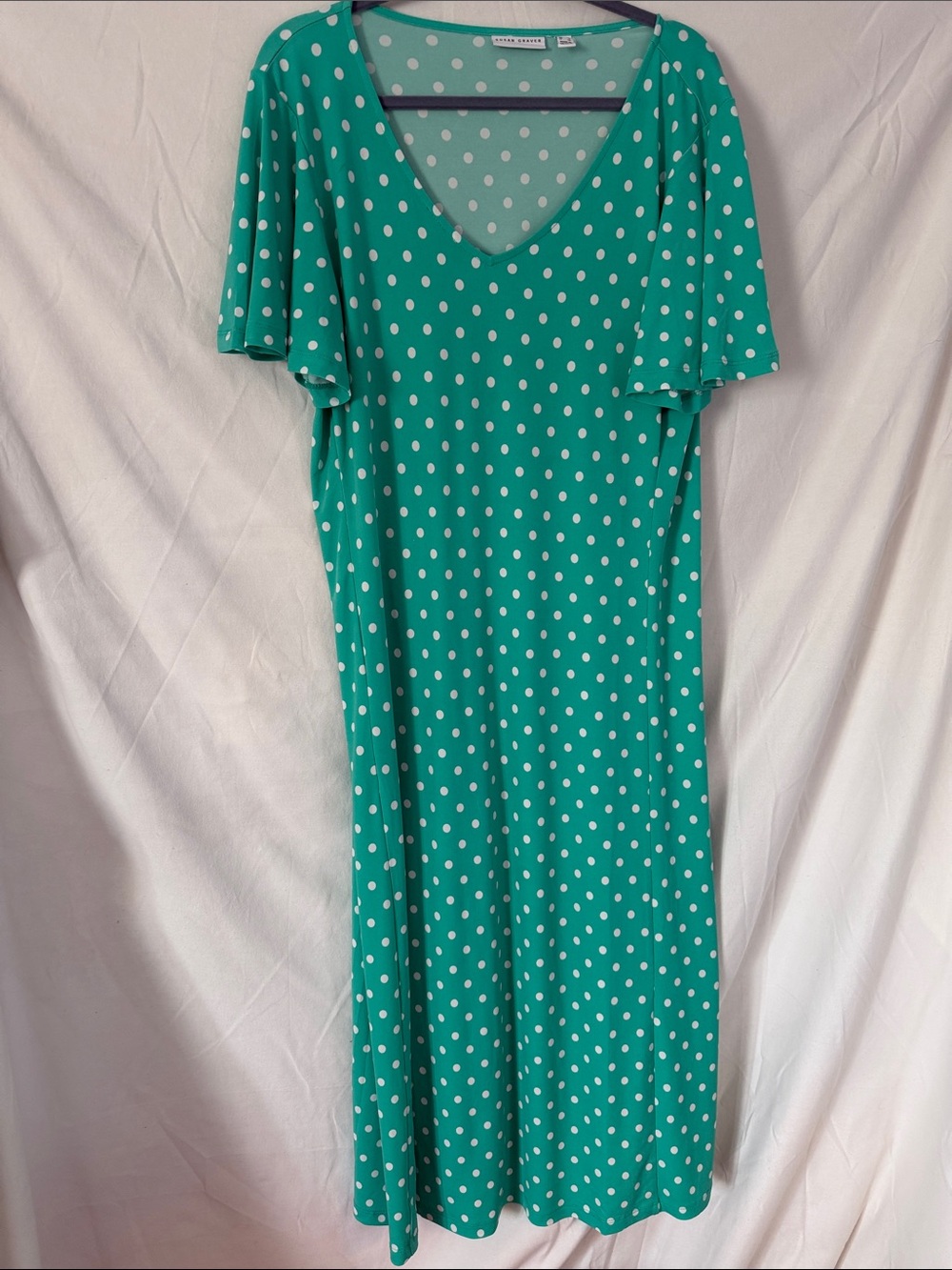 Susan Graver Liquid Knit  Green Polka Dot Midi Dress